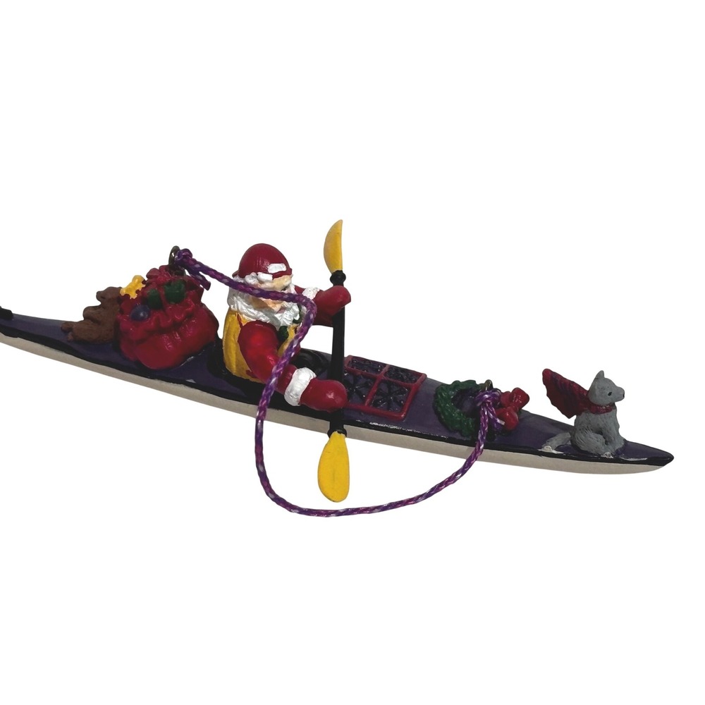 Outside Inside Santa Kayak Christmas Ornament Purple Husky Dog Oar Resin 6.25"